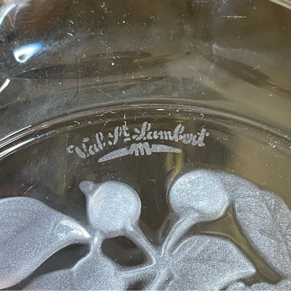 Val St Lambert Crystal Serving Dish Candy Nappy Bowl Floral Mid Century